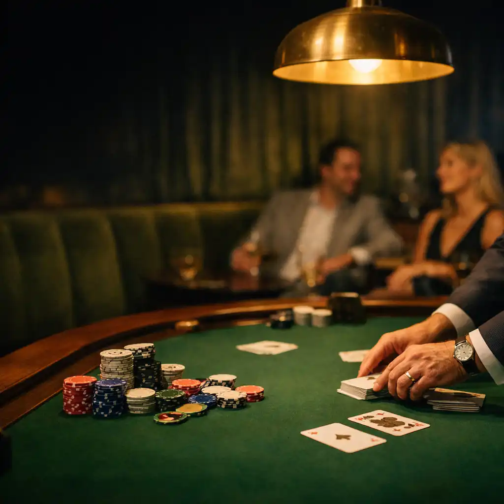 A host arranging cards on a green felt table in a softly lit restaurant card lounge.