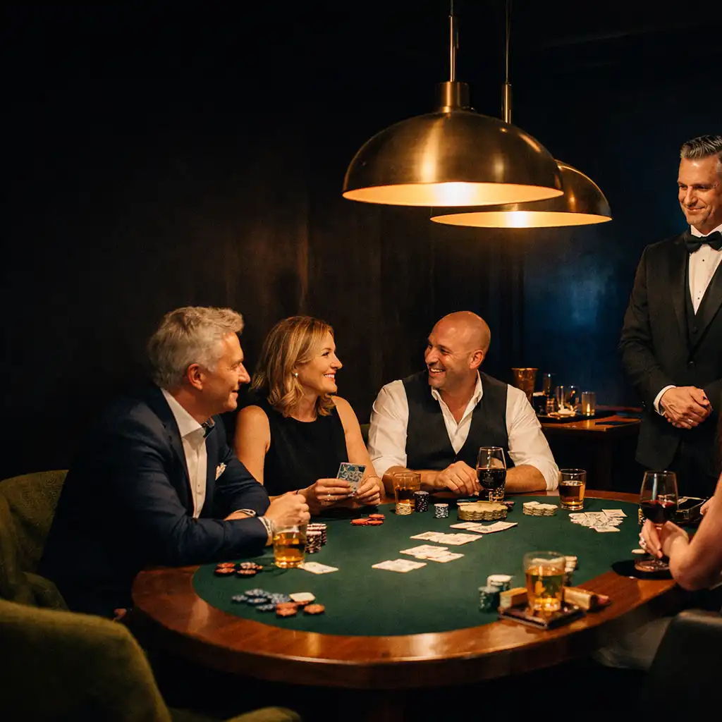 Professional host beside a green felt poker table during an elegant corporate restaurant gathering