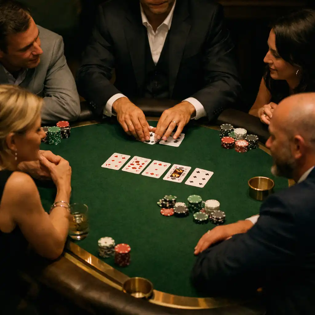 Host arranging cards at a professional green felt table with colleagues gathered around