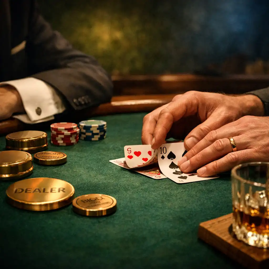 Hands arranging playing cards on deep green felt beside a host's sleeve and table details.