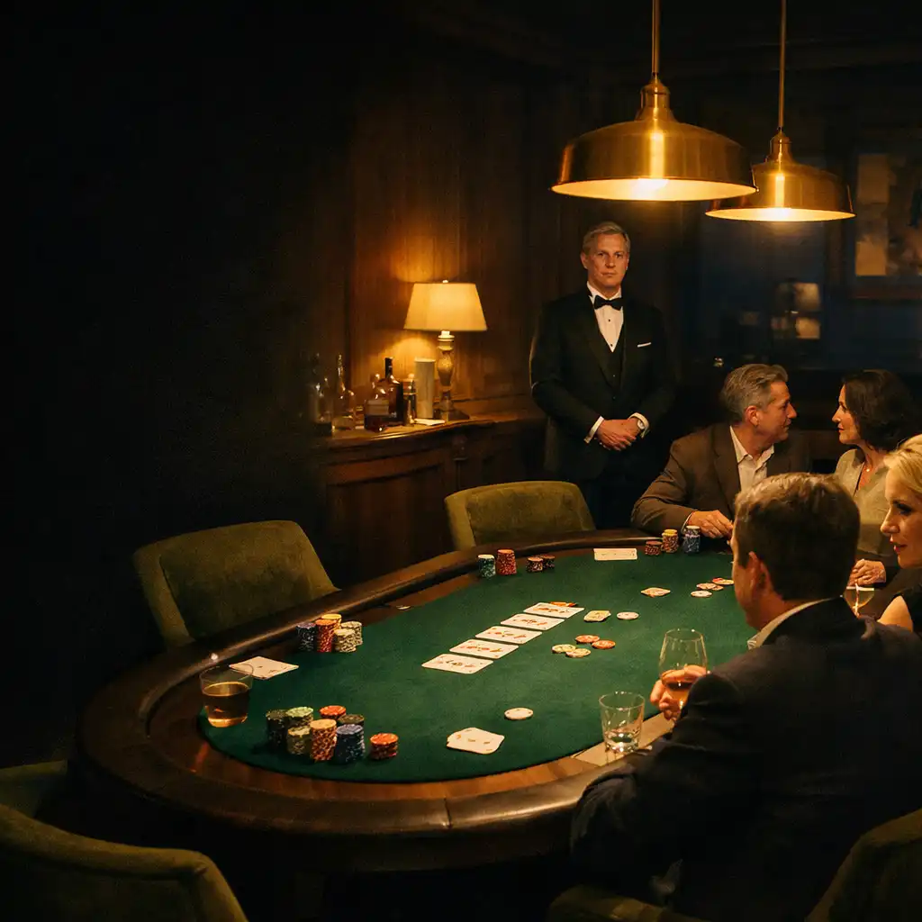 Adult guests gathered around a professional poker table in a warmly lit private restaurant card room.