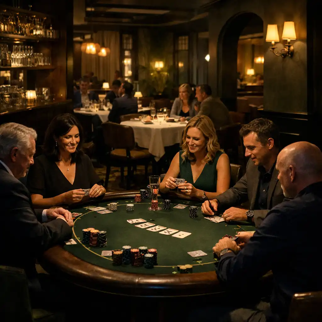 A refined restaurant dining room arranged as an evening card lounge with a professional poker table.