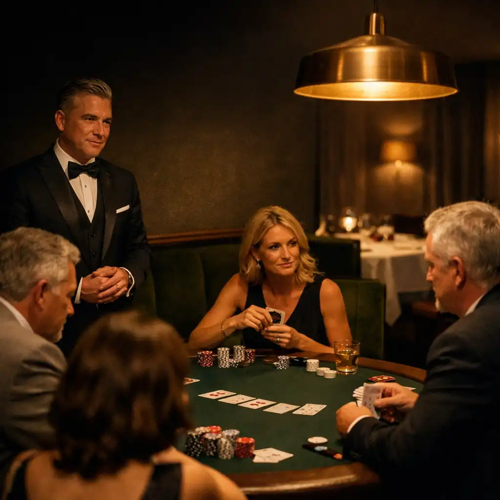 Professional host beside a green felt poker table in an intimate restaurant private room