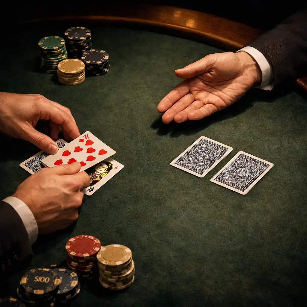 Adult hands arranging playing cards on a premium felt poker table during a hosted evening in Australia.