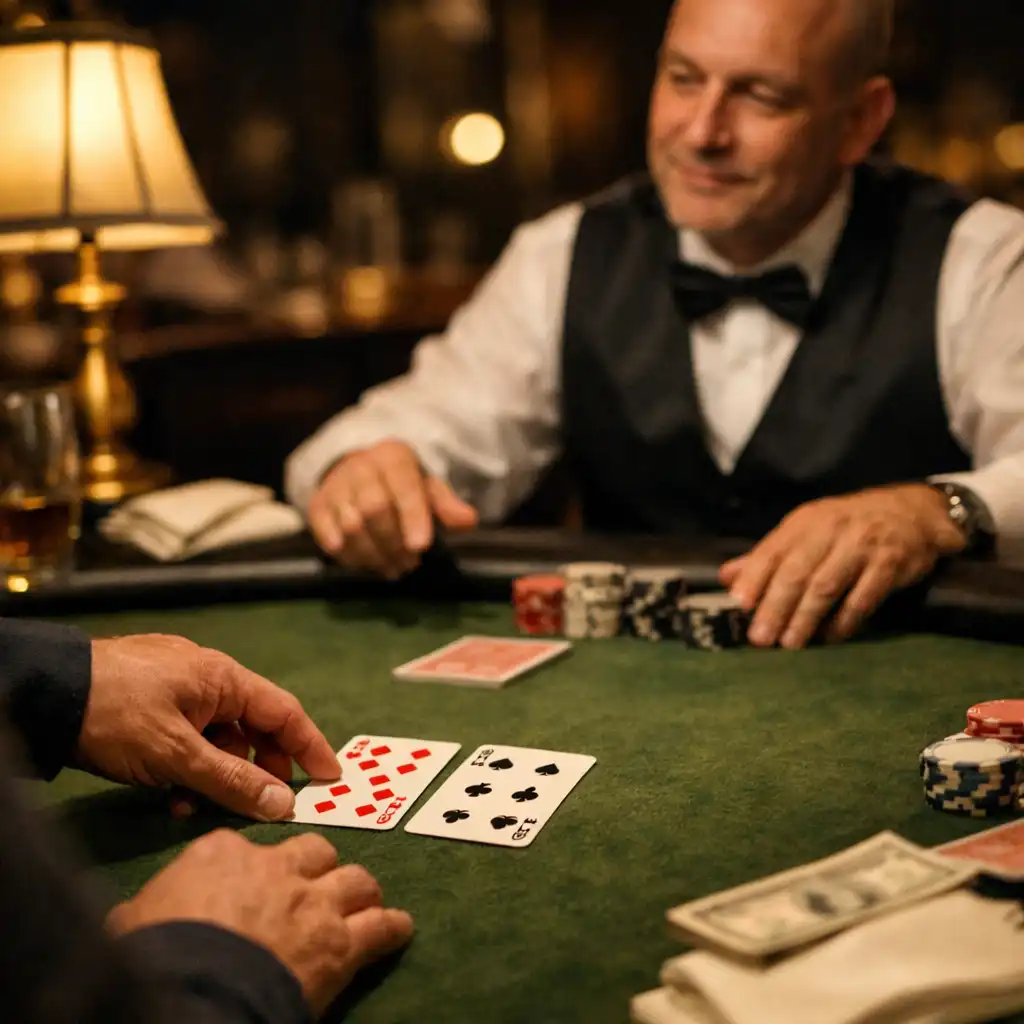 A professional poker host guiding an in-person card table in a restaurant lounge.
