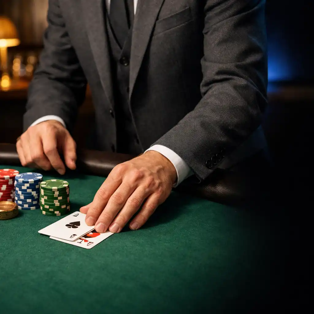 A host preparing cards and decorative chips on a green felt professional poker table.