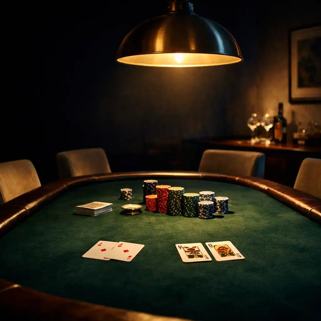 A prepared green felt poker table under warm pendant light in a dark restaurant card lounge.