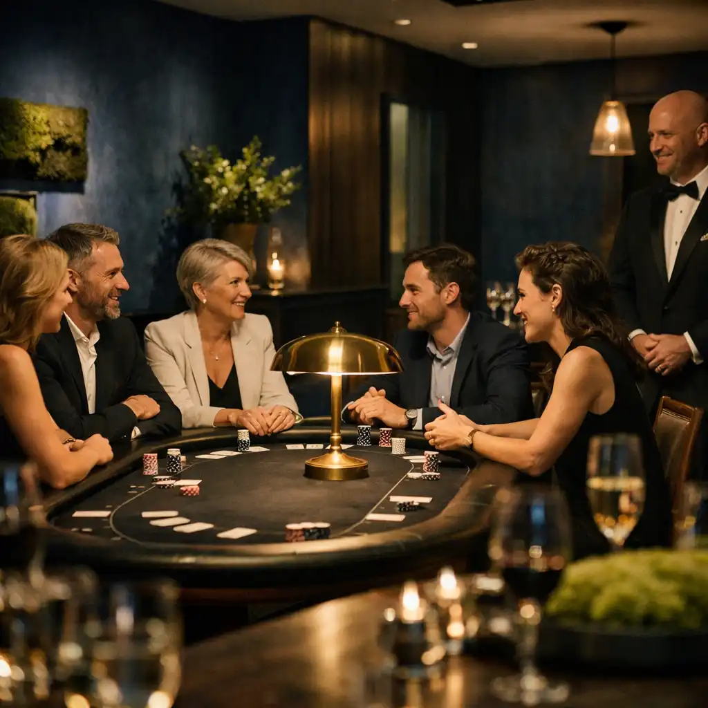 Colleagues in a private dining room gathered around a professional poker table