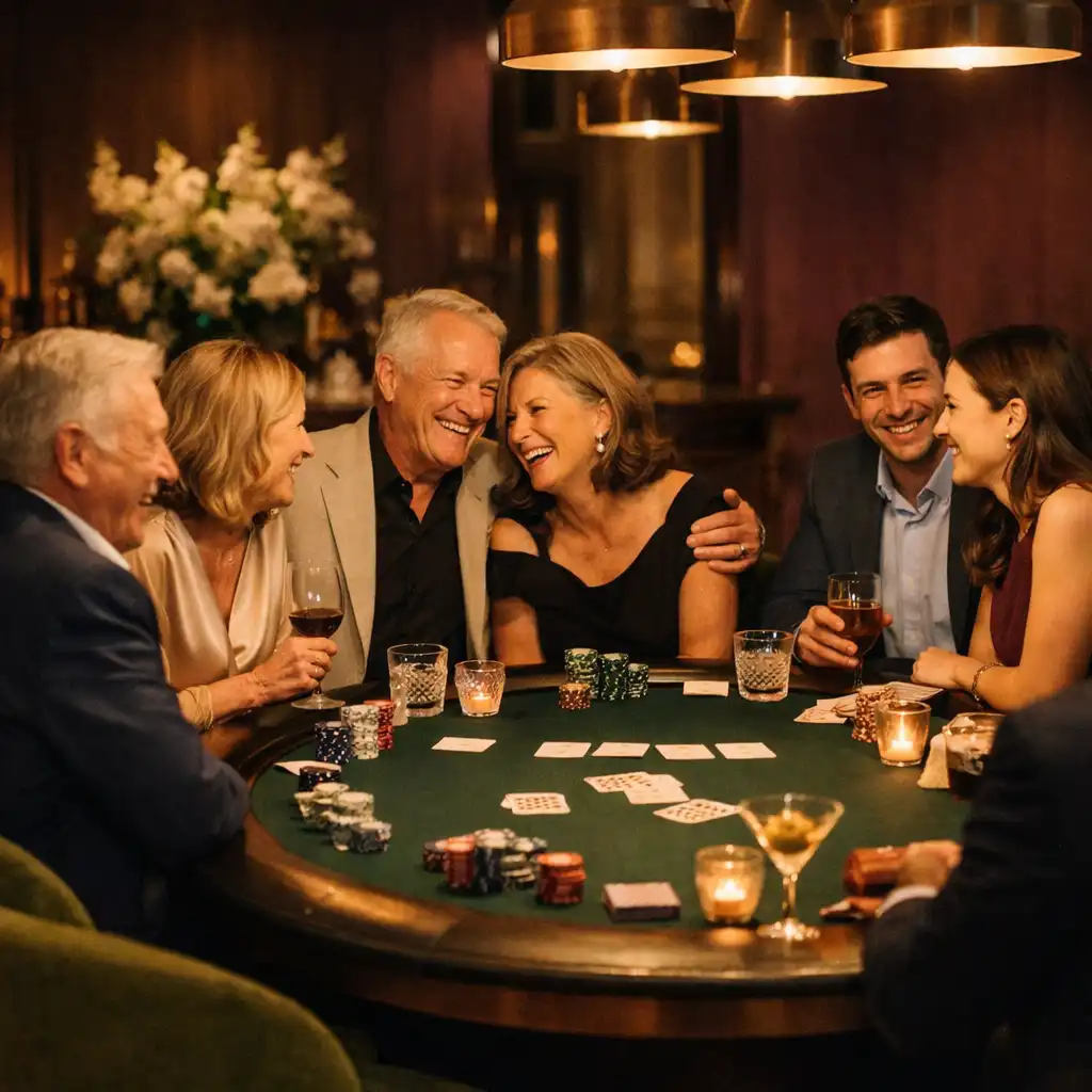 Guests sharing a warm celebratory moment around a professionally prepared poker table