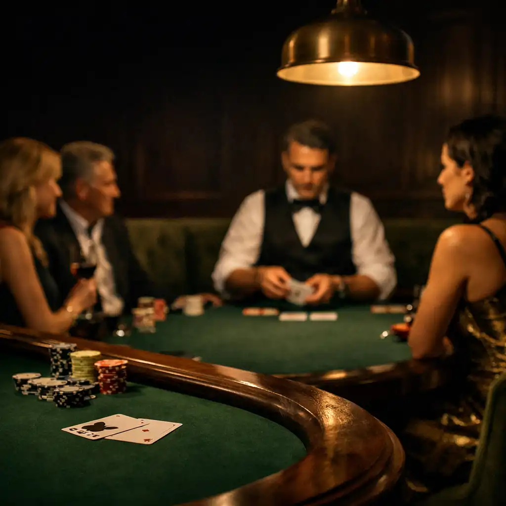 An intimate private poker table under warm light during a hosted evening