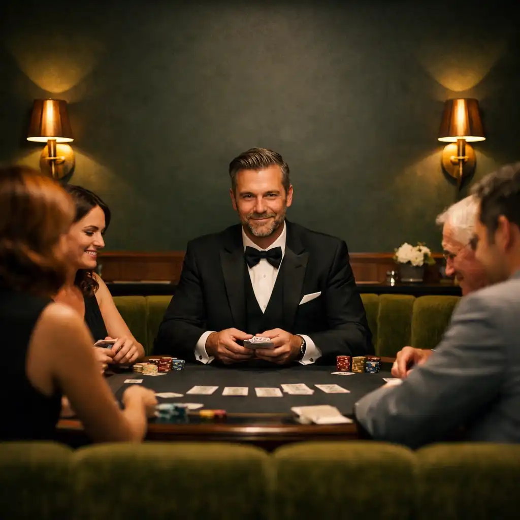 Guests and a poker host gathered around a table in a refined restaurant card lounge