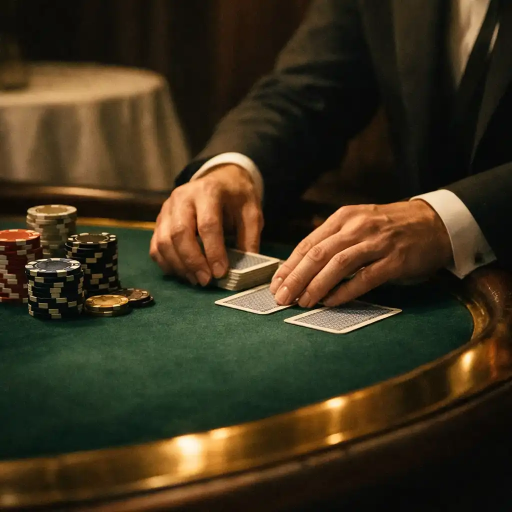 A host’s hands arranging cards on deep green felt beside a brass-lit table edge