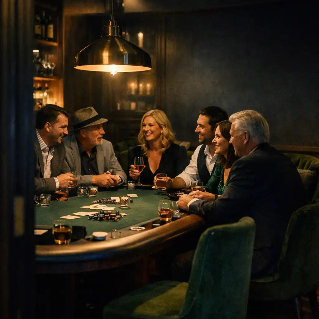Guests gathered around a professional poker table in a discreet low-lit private card room
