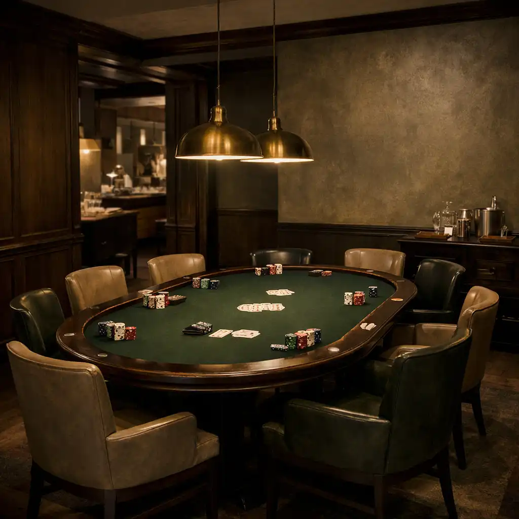 A private dining room arranged around a professional green felt poker table.