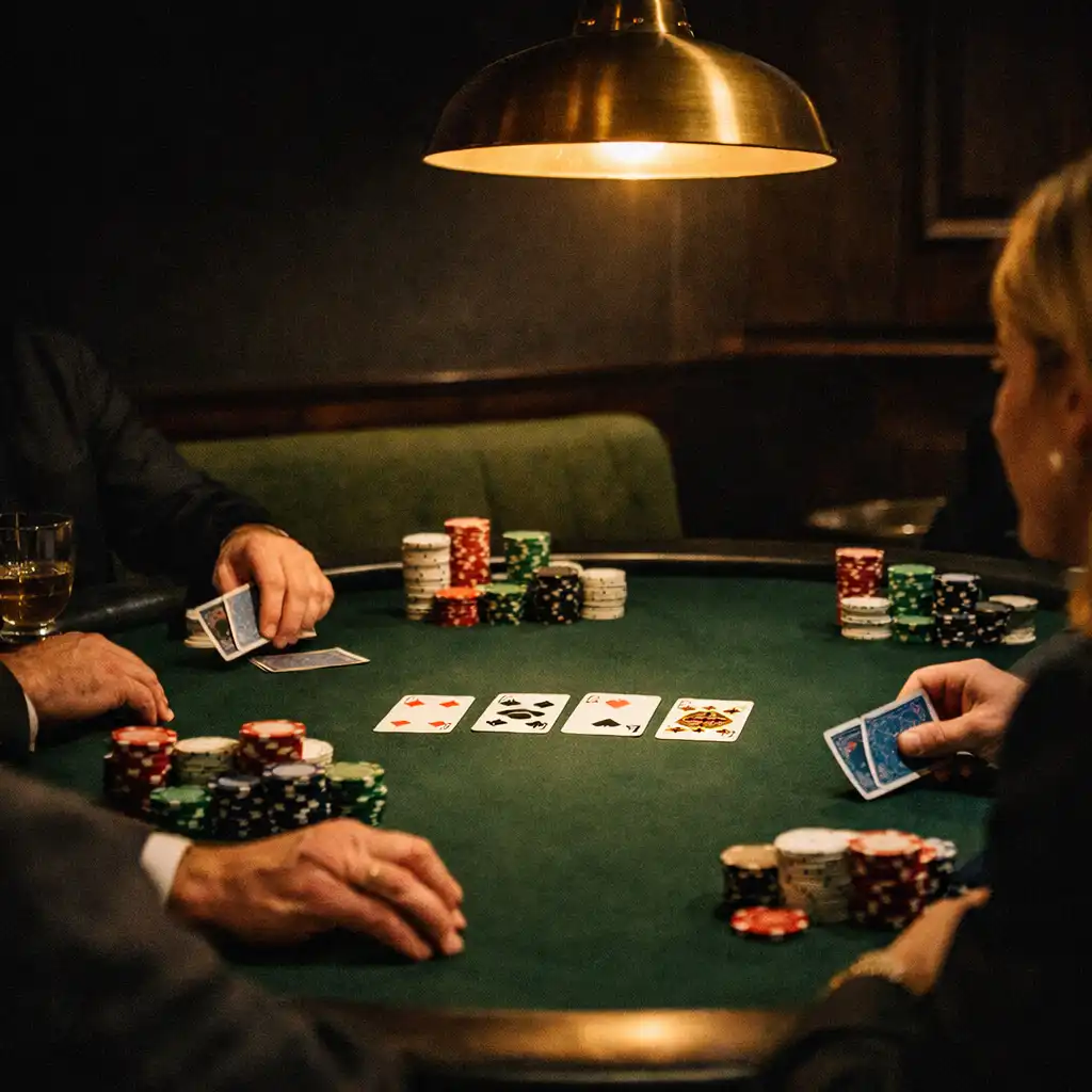 Professional dark-green felt poker table beneath warm pendant light during an intimate private evening