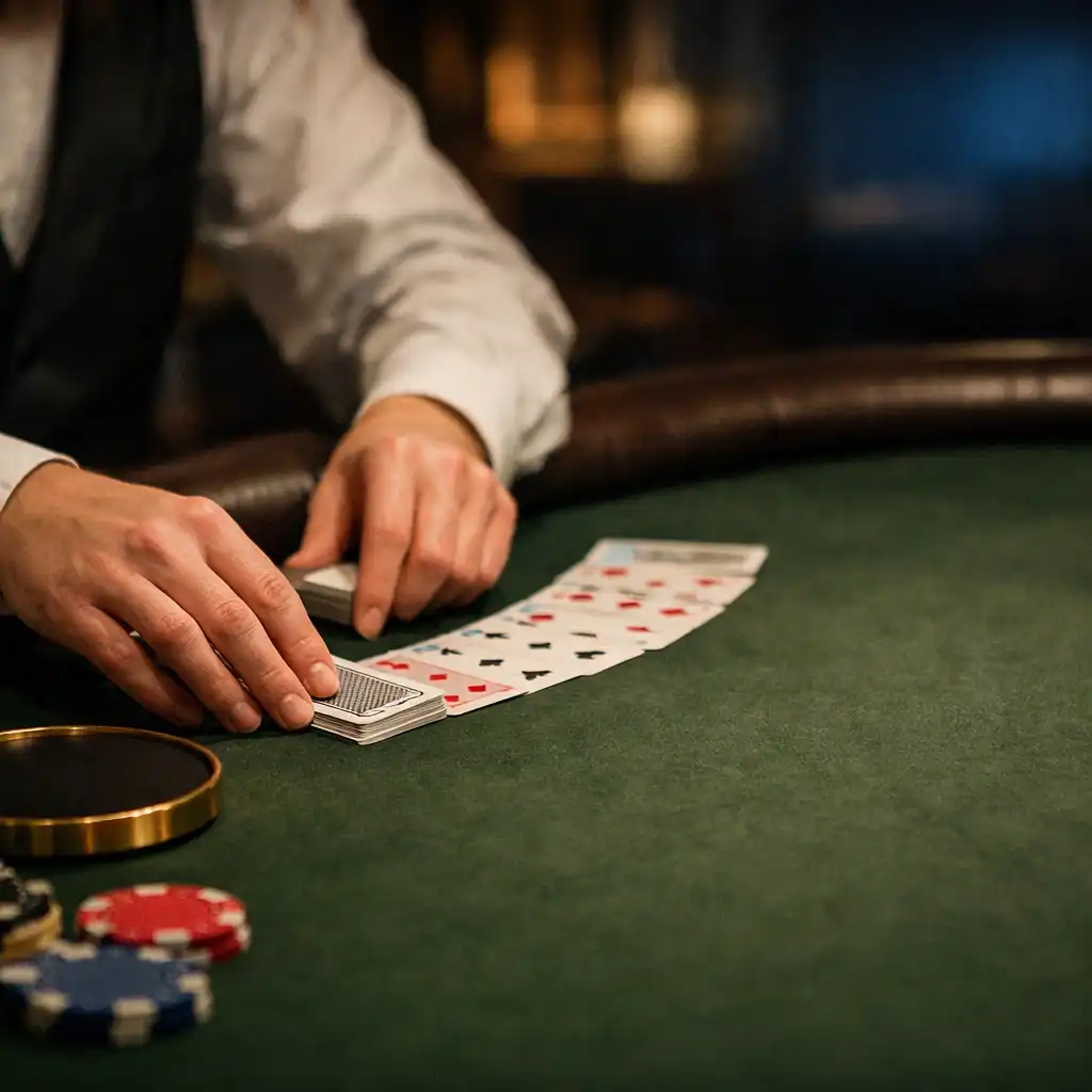 Host hands arranging playing cards on a rich moss felt professional poker table