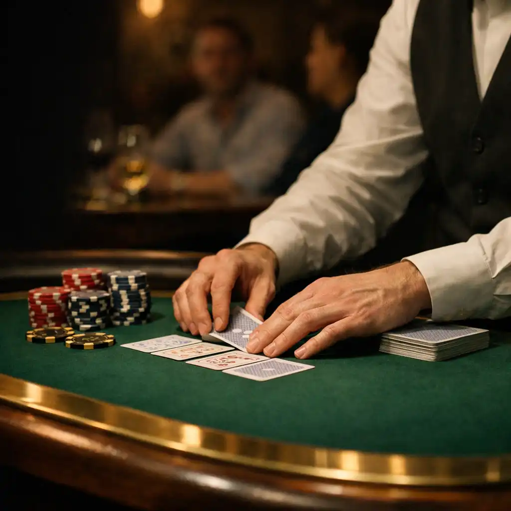 Host arranging cards at a professional green felt poker table in a private dining room