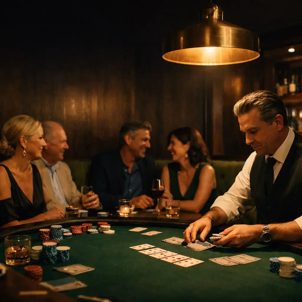 An elegant restaurant private dining room with a professional poker table under warm pendant lights.