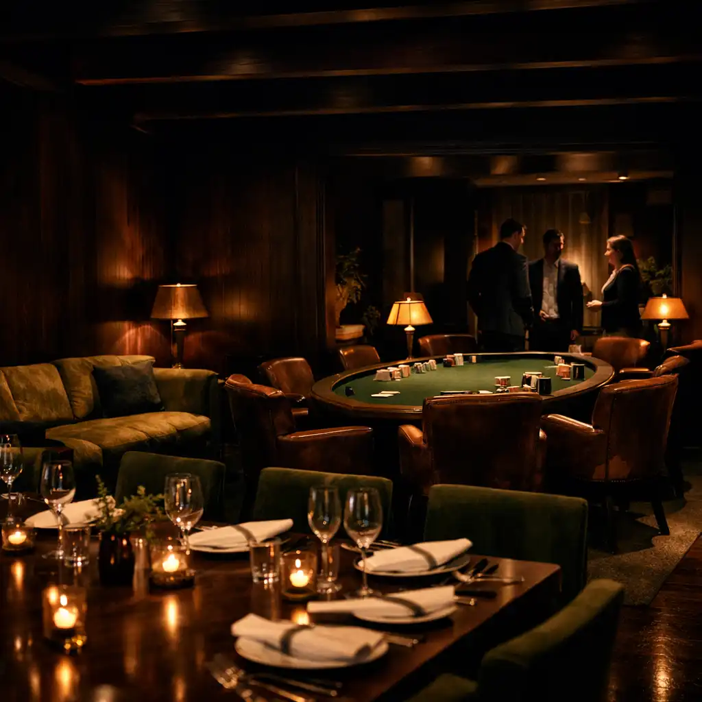Private restaurant dining room prepared with a poker table in an adjacent card lounge