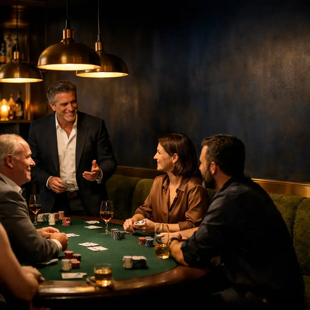 Adults enjoying a hosted poker evening around a green felt table in a private restaurant lounge.