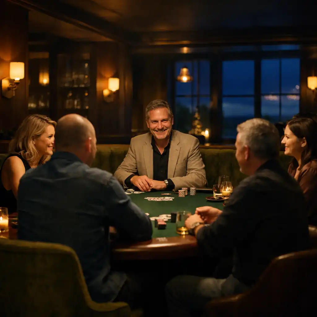 Adult guests gathered around a polished poker table in a warm restaurant card lounge