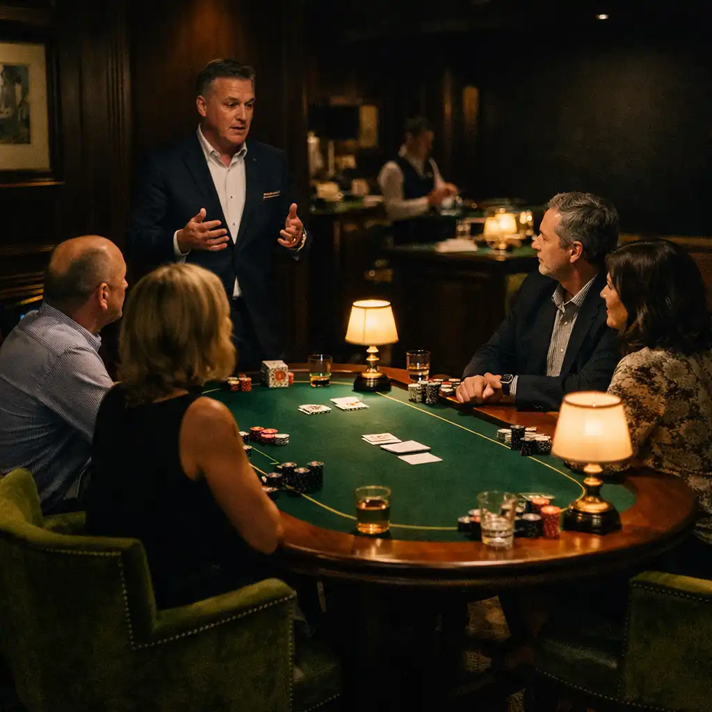 A host and adult guests around a professional poker table in an elegant restaurant card lounge.