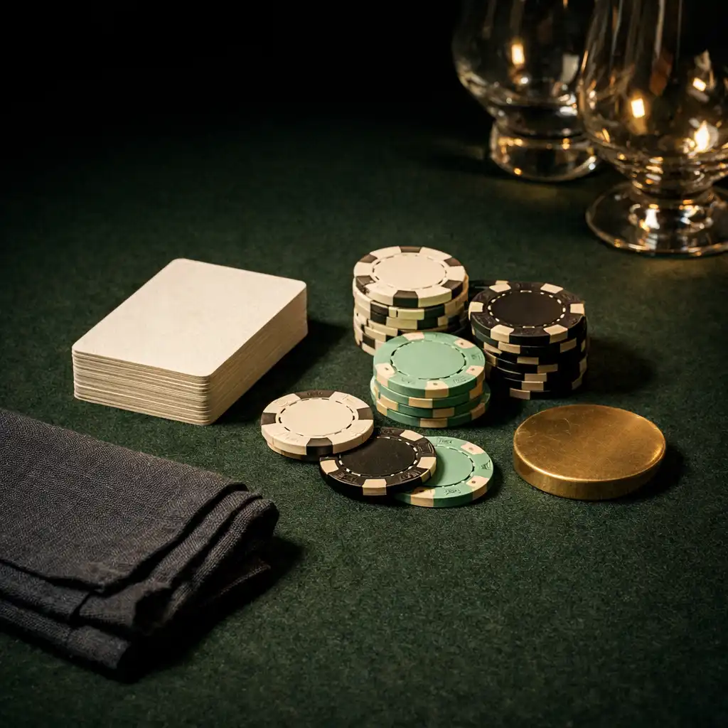Cards, decorative chips, dark linen and a brass place marker arranged on moss green felt.